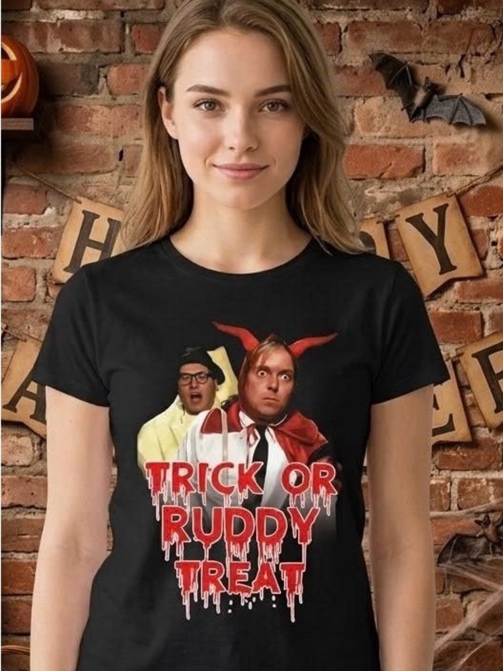 Bottom TV Show Trick Or Ruddy Treat Halloween Graphic Tee Richie Eddie